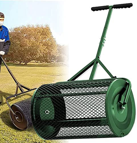 DONGGANSHI Compost Peat Moss Spreader, Heavy Duty Metal Mesh Spreader with Adjustable Handle, Top Soil Spreader for Lawn and Garden Care Manure Spreaders Roller,Black