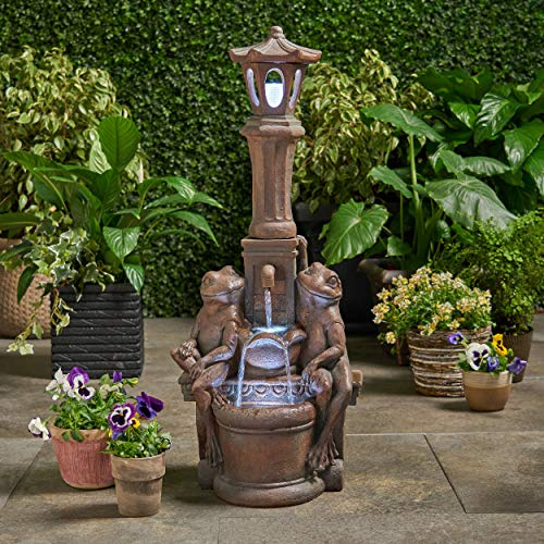 Floor Fountain with LED Light, Handcrafted Frog Water Feature for Outdoor Spaces, Perfect Frog Fountain for Patios, Porch, and Yard Decor, 37.25 Rustic Multi-Brown
