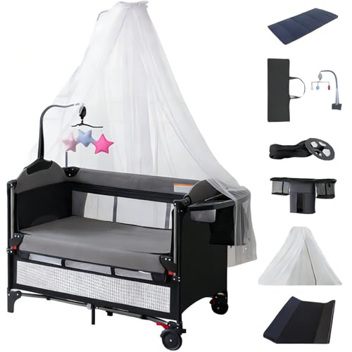 MoLi Resesäng med skötbord, justerbar höjd resesäng med madrass ingår, bekväm och robust spjälsäng bredvid mig, vikbar och rörlig babysäng (6602 grå med nät)