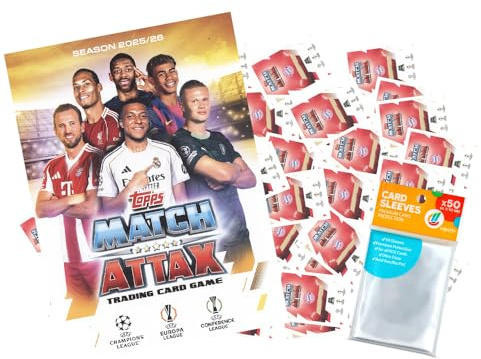 Bundle mit Topps - Match Attax Champions League 2025/26 - Trading Cards - 100 Verschiedene, zufällige Karten + 1 Leere Sammelmappe + Exklusive Collect-it Hüllen