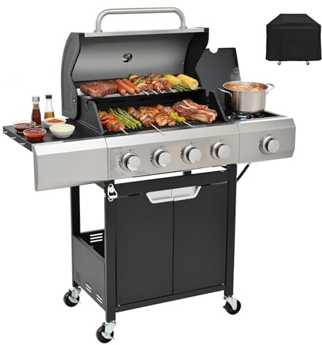 EUHOME 4-Burner Gas Grill with Side Burner & Cover, 51000 BTU Stainless Steel Outdoor BBQ Grill, 452 sq.in Cooking Area, Ideal for Backyard, Patio Large Gatherings
