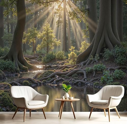 Carta Da Parati Effetto 3D La Luce Sole Splende Il Bosco 400×280cm, Fotomurali Non Tessuto XXL, Decorazione Poster Arte Murale Natura Foresta per Casa Ufficio Camera Letto Soggiorno