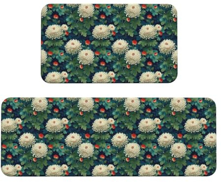 Woshuwo Set di 2 tappeti da cucina con motivo di crisantemi giapponesi, antiscivolo, tappeto, lavanderia, cucina, decorazione