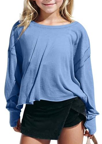 Haut court à manches longues pour filles - T-shirt ample pour adolescente - Col bénitier - Avec trou pour le pouce - Couleur unie - Pull de sport - Pull d'école, bleu, 9-10 ans