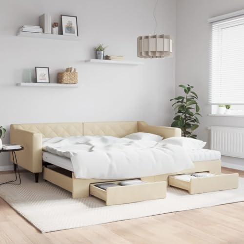 sephironlbb utdragbar dagsäng, krämfärgad, 100 x 200 cm med 2 lådor och madrasser, tygöverdrag, mångsidig soffa för gästrum och sovrum