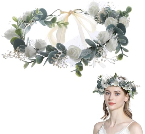 FUHAMJ 1 Stück Blumenkranz Haare, Haarkranz Kommunion, Trockenblumenkranz Schleierkraut Eukalyptus Hochzeit Weiße Blumenkronen, Mit Verstellbarem Band, Für Hochzeitsfeier, Frisch Und Schön