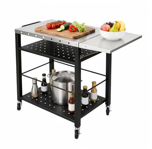 Mesa de barbacoa de acero inoxidable, 4 niveles, carro de servir móvil, con mesa auxiliar plegable y 4 ruedas, carro de metal para barbacoa y jardín
