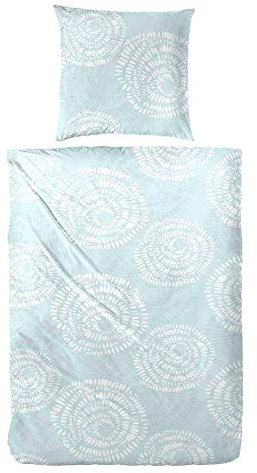 Hahn Baumwoll Premium Baumwoll Seersucker Kreise Türkis Weiß Grau, 155 x 220 cm + 80 x 80 cm Türkis
