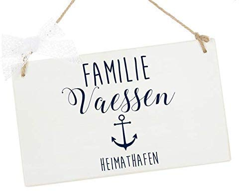 Türschild mit Name, Martimes Familienschild aus Holz, Weiß Blau mit Anker und Aufschrift Heimathafen