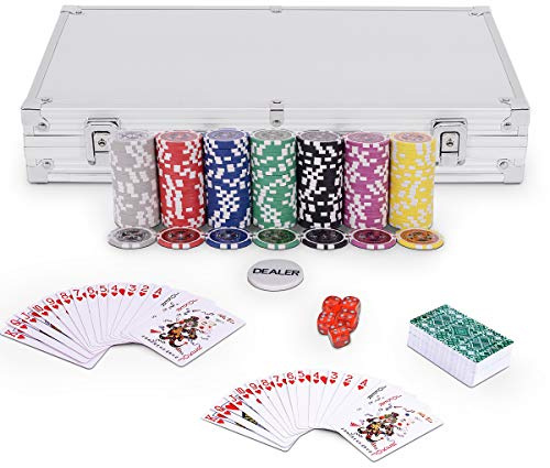 GOPLUS Pockerkoffer Pockerset 300 Chips Pockerchips Pocker Set mit Würfel Pokerkarten (Silber)