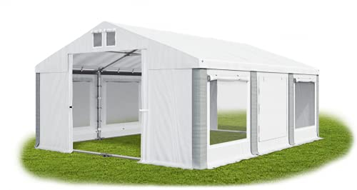 Das Company Partyzelt 4x6m Lagerzelt Universalzelt Pavillon mit Moskitonetz weiß-grau mit Bodenrahmen und Dachverstärkung 560g/m² PVC Plane wasserdicht Robust Festzelt Gartenzelt Summer Plus ISDM