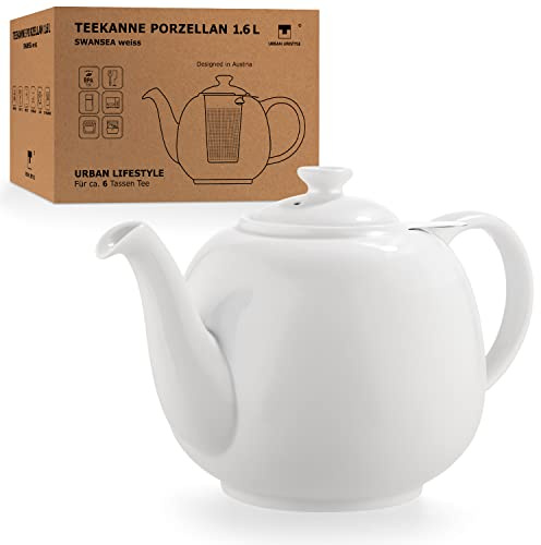 Tetera de porcelana con infusor Swansea blanca, 1,6 l, con filtro de acero inoxidable de Urban Lifestyle, tetera antigoteo con infusor, tetera inglesa con infusor