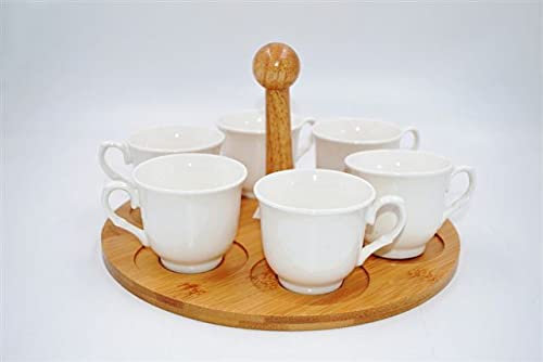 Set 6 Tazzine Tazze caffe' in Porcellana Bianca con Base in Legno