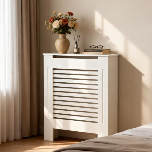 FATIVO Cache-radiateur haut en bois : extérieur 92 cm de hauteur blanc petit chauffage couvre 90 cm lattes horizontales moderne haute étagère de radiateur en bois MDF épais pour cuisine, chambre à