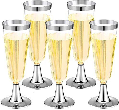 LATERN 30 Piezas Copas de Champán de Plástico, 150ml Copas de Champán de Plateadas Copas de Vino de Fiesta con Tallo Reutilizables para Fiestas de Aniversario Bodas Jardín (5,5 x 16,5cm)