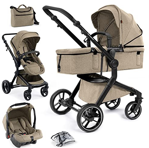 Bergsteiger Lugo 3in1 Kombikinderwagen Komplettset inkl Babyschale | Mobilität ab Geburt dank Babywanne Buggy Aufsatz Sonnenschutz und Wetterfußsack passend für die Isofix Station