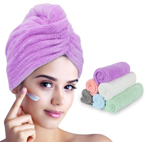 FREATECH 6 Stück Mikrofaser Haarturban - Schnelltrocknendes Handtuch für Nasses Haar ohne Frizz, Superweiches und Saugfähiges Haarhandtuch mit 3 Knöpfen für Damen, Kinder, Langes Lockiges Haar