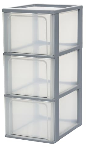 Iris Ohyama Cassettiera in Plastica, Portaoggetti, 3 Cassetti Grandi, Grigio, Apertura Facile, Formato A4, A5 e A6, Organizzatore, Per Ufficio, Scuola, Cartoleria, Senza BPA, Contenitore, OCH-2300