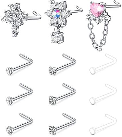 Mayhoop 20G 12PZ Piercing Naso Borchie Acciaio Chirurgico Plastica Naso Stud Forma L Naso Piercing Argento per Donne Uomo