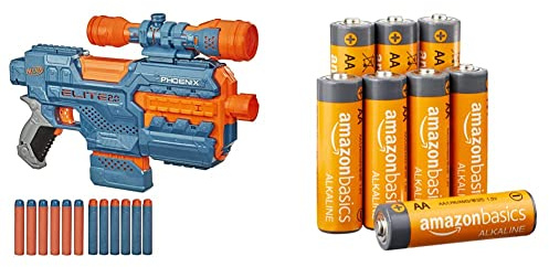 Elite 2 Phoenix CS-6 motorisierter Blaster, 12 Nerf Darts, 6-Dart Clip-Magazin, Fernrohr, Tactical Rails, Befestigungspunkte, 4AA Batterien & Amazon Basics AA-Alkalibatterien, 1,5 V, 8 Stück