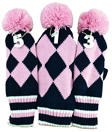 SM SunniMix 3Pcs Knitted Golf Club Head Cover for Woods Driver Fairway Golf Accessories Fairway Wood Head Covers Head Protection for Golf Bag Women Men, Pink