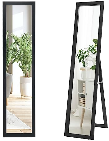 HOMASIS Specchio da Terra da Parete, Specchio da Pavimento a Figura Intera, Specchio Rettangolare da Appendere con Cornice in Legno, per Spggiorno, Camera da Letto, 37 x 50 x 148 cm (nero)