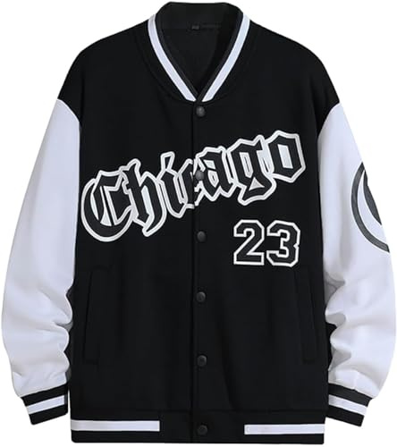 Vagbalena Giacca College da Uomo Vintage Street Letter Varsity Jacket Giacca da Baseball Stampata con Bottoni a Maniche Lunghe Giacca da Lavoro Autunnale con Blocco dei Colori (Nero,S)