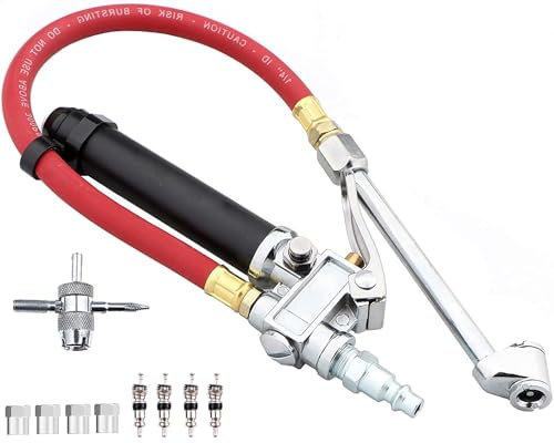 Unifizz 10–120 PSI Hochleistungs-Reifenfüller Manometer Luftfutter mit Druckmesser mit 4-Wege-Werkzeug und Ventilkernen Reifendruckmesser mit Inflator 12 Luftschlauch