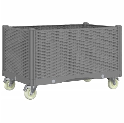 vidaXL Pflanzkasten, Hochbeet mit Rollen Rattan-Optik, Pflanzkübel für Garten Terrasse, Pflanzbeet Gemüsebeet Blumenbeet Blumenkasten, Hellgrau 80x50x54cm PP