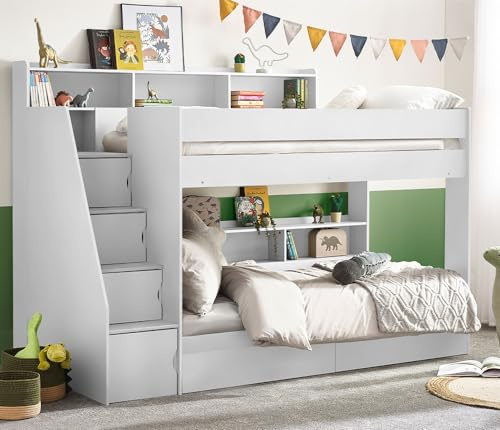 happybeds Tuscan White Wooden Staircase Bunk Bed, 3ft Single, Frame Only | 3ft Single, Wooden Staircase Bunk Bed, Frame Only, White, Cupboard, Storage Shelves, Solid Slatted Base, 90 x 190 cm