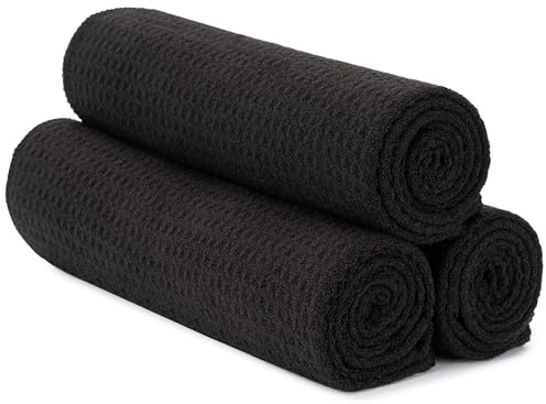 S&T INC. Microfiber Gym Towels, 3 Pack, 16 x 27, Honeycomb Black