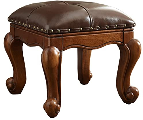 Kleiner Fußhocker aus Leder und Fußstütze, 15-Zoll-Fußhocker aus Holz, gepolsterte Fußstütze für Couch, Wohnzimmer, Eingangsbereich, Massivholzhocker für Schlafzimmer (Farbe: /Braun)