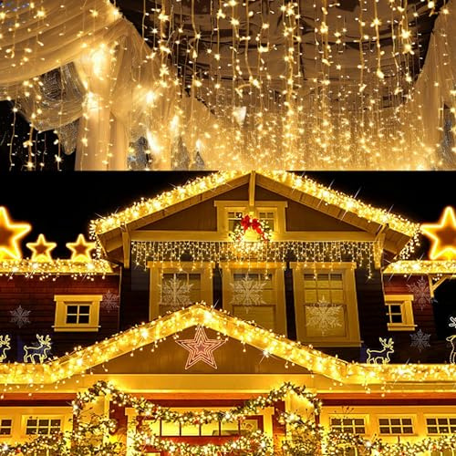 Fiqops Eisregen lichterkette außen 10m Warmweiß 400 leds lichterketten mit Stecker fairy lights aussen innen für Party Garten Weihnachten Hochzeit Beleuchtung Deko
