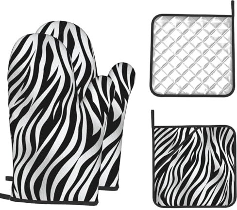 Oven Mitts and Pot Holders 4 pcs Set Heat Resistant Oven Glove Zebra Print Potholders Oven Gloves for Cooking Non-Slip Silicone Oven Mittens Hot Pad for Baking BBQ