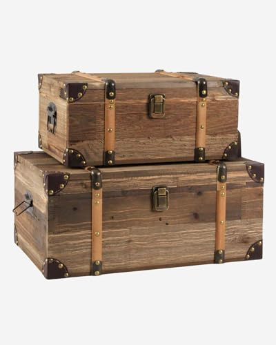 Set di 2 Bauli in Legno Naturale con Chiusure in Metallo ? Diverse Dimensioni per Organizzazione e Decorazione