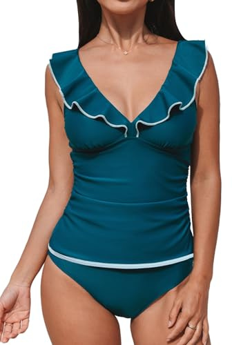 CUPSHE Tankini-set för kvinnor V-hals veckade justerbara remmar rynkad magkontroll tvådelad baddräkt badkläder (XS-4XL), Blå (Teal blå), M