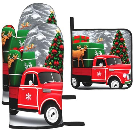 YYHHAOFA Lot de 3 gants de cuisine imperméables et durables pour four et manique pour isolation thermique Motif camion de Noël et élan
