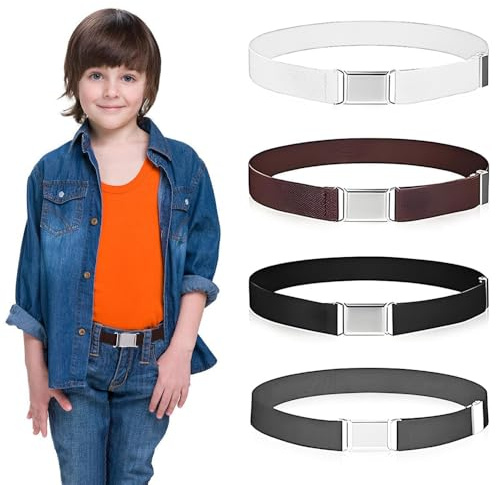 YqsIbth Kids' Stretchy Belt with Silver Square Buckle, Adjustable Braided Vintage for Casual School Uniform Jeans (4 Colors)