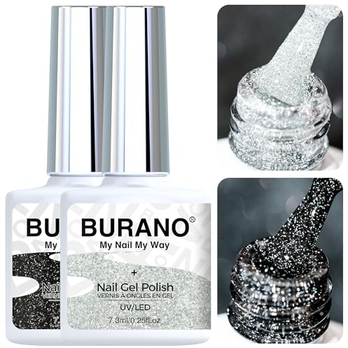 BURANO Reflective Glitter Gel Nail Polish, 2 Bottles UV Sparkle Nail Polish Silver Black Glitter Gel, 7.3ml Holographic Glitter Gel Polish Curing Need Nail Gel for Nail Salon Home DIY S11 S15