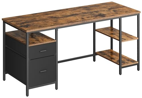 VASAGLE Computertisch, Bürotisch, Schreibtisch, mit 3 Ablagen, 2 Schubladen, 160 x 60 x 76 cm, fürs Büro, Wohnzimmer, Industrie-Stil, vintagebraun-schwarz LWD105K01