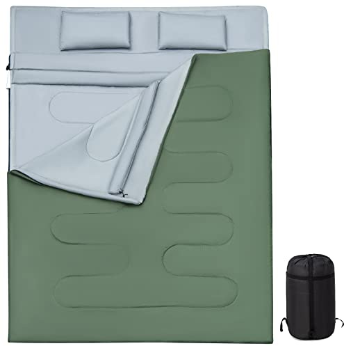 GYMAX Sac de Couchage Adulte 220 x 150 cm, Séparable pour 2 Personnes avec Oreillers, 2 Modes d'Utilisation, Pratique avec Fermetures Éclairs, Design Léger et Étanche, pour Camping, Randonnée (Vert)