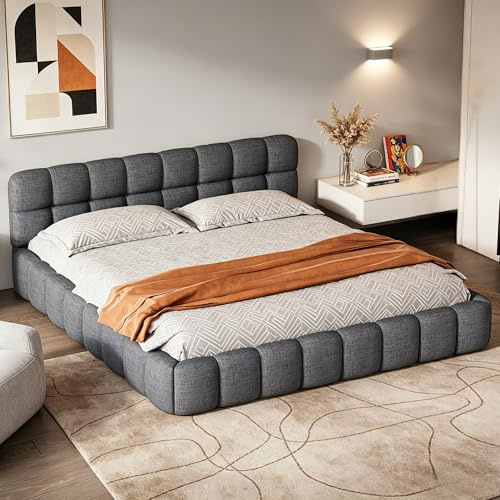 YGHQAP Polsterbett Bubble Bett 160x200cm Doppelbett mit Lattenrost und weicher Rückenlehne Jugendbett Flachbett Bettgestell, Leinen, ohne Matratze (Grau, 160 * 200)