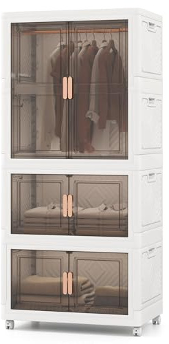 COSTWAY Boîte Rangement Plastique 421 L, Caisse Pliable avec 4 roulettes, Armoire Penderie Plastique pour Enfant, Tringle, 10 Cintres, Poignée, Porte Magnétique, Boite Empilable pour Vêtement, Jouet