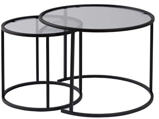 Hanah Home Ensemble de Tables Basses élégantes (2 pièces), Noir et Gris, Verre de sécurité et Cadre en métal | Petite : 42 x 39 x 42 cm, Grande : 60 x 43 x 60 cm | Design Moderne pour Le Salon