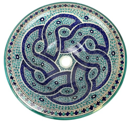 Lavabo marroquí de cerámica pintado a mano, 50 cm, azul y turquesa, diseño tradicional