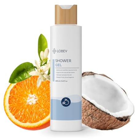LOBEY Gel doccia per uomo e donna per pelli sensibili, pulizia delicata, gel doccia idratante con olio di cocco, vegano e senza solfati, cura naturale del corpo (200 ml)