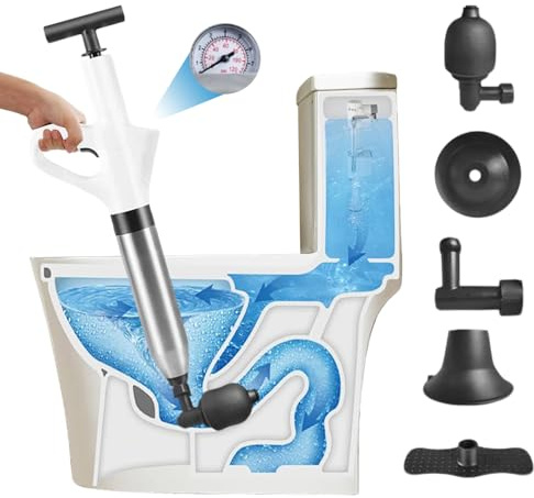KMDZDZGS Toilet Unblocker,Heavy Duty Toilet Plunger, Drain Unblocker Tool Kit with 4 Replaceable Heads,High Pressure Plunger Sink Unblocker for Toilets, Sink, Bathroom, Floor, Drain Use (White)