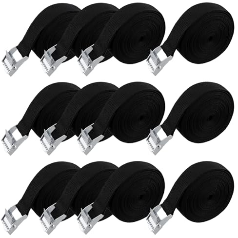 SINJEUN 12 stycken 2,5 cm x 4 m svart PP-material spännband set, surrremmar med metallspänne, transportremmar för transport och lastsäkring