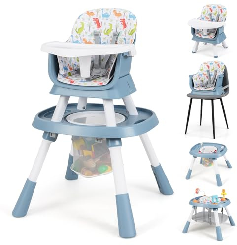 COSTWAY Hochstuhl Baby 16 in 1, Kinderhochstuhl & Spielzeugtisch & Bausteinbrett & Kinderstuhl & Sitzerhöhung mit abnehmbarem Tablett, 5-Punkt-Gurt & Korb, Babystuhl für Kinder ab 6 Monate (Blau)