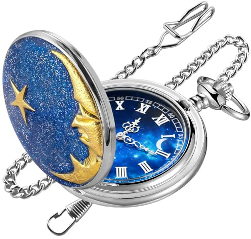 Tiong Reloj de bolsillo de cuarzo con diseño de estrella azul steampunk, números romanos, reloj de bolsillo con cadena, regalos de Navidad, Azul-3, Estilo vintage